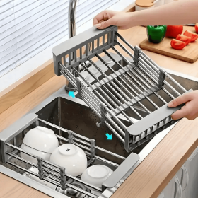 Adjustable Immersion Sink Dish Drying Rack With Stainless Steel Drain Basket - Portable And Retractable Space-Saving Fruit And Vegetable Solution (Color: Silver)